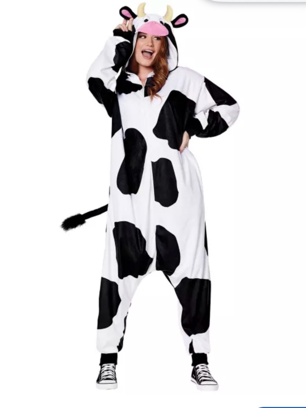 Spirit Halloween adult S/M Cow-Print One-Piece Hooded Bodysuit - Black & White